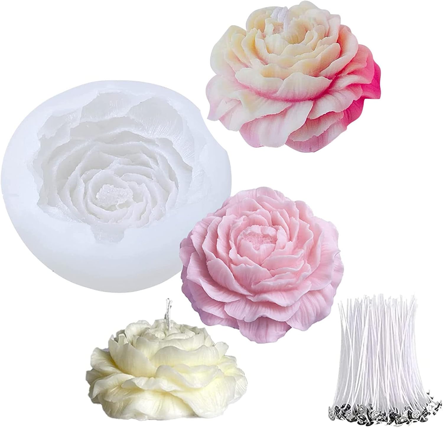 Candle Making Kit For Kids - シリコン3D牡丹キャンドル型、キャンドルモールド、アロマセラピーソープDIY作成キット（キャンドル、石鹸作り用ウィック10本付き）
